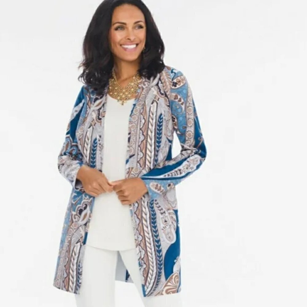Chicos Faux Suede Jacket Paisley Sz 1 US 8 Medium Blue Beige Open Front Duster